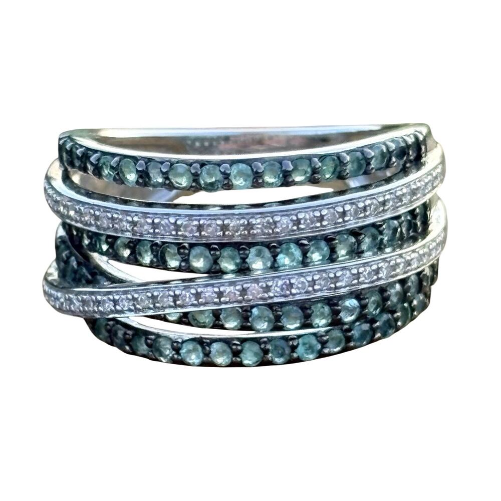Affinity Diamond Ring Size 8 Green w/ White Diamonds Crossover Multi Row Band